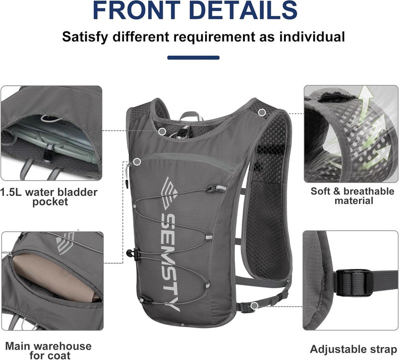 SEMSTY Running Hydration Vest 5L,Running Vest Pack with 1.5L Water Bladder,Lightweight Water Backpack for Hiking Running Cycling - Image 2